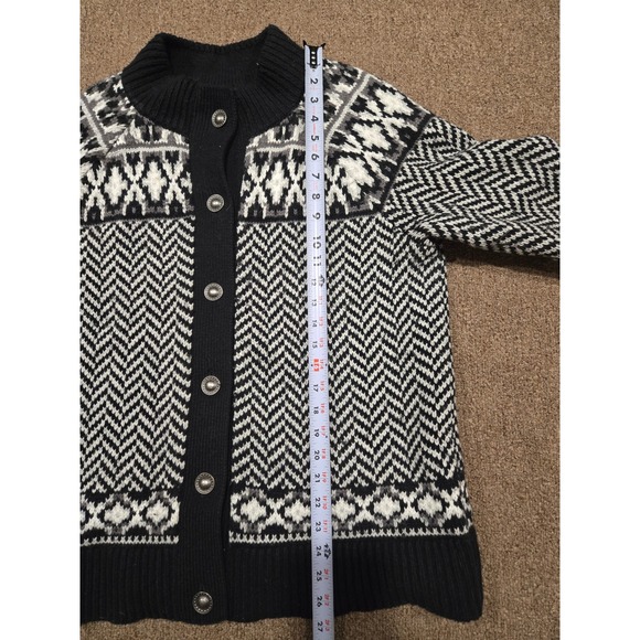 Lands End Womens Black White Fair Isle Chevron Cardigan Sweater L 14-16 534405 - Picture 9 of 10